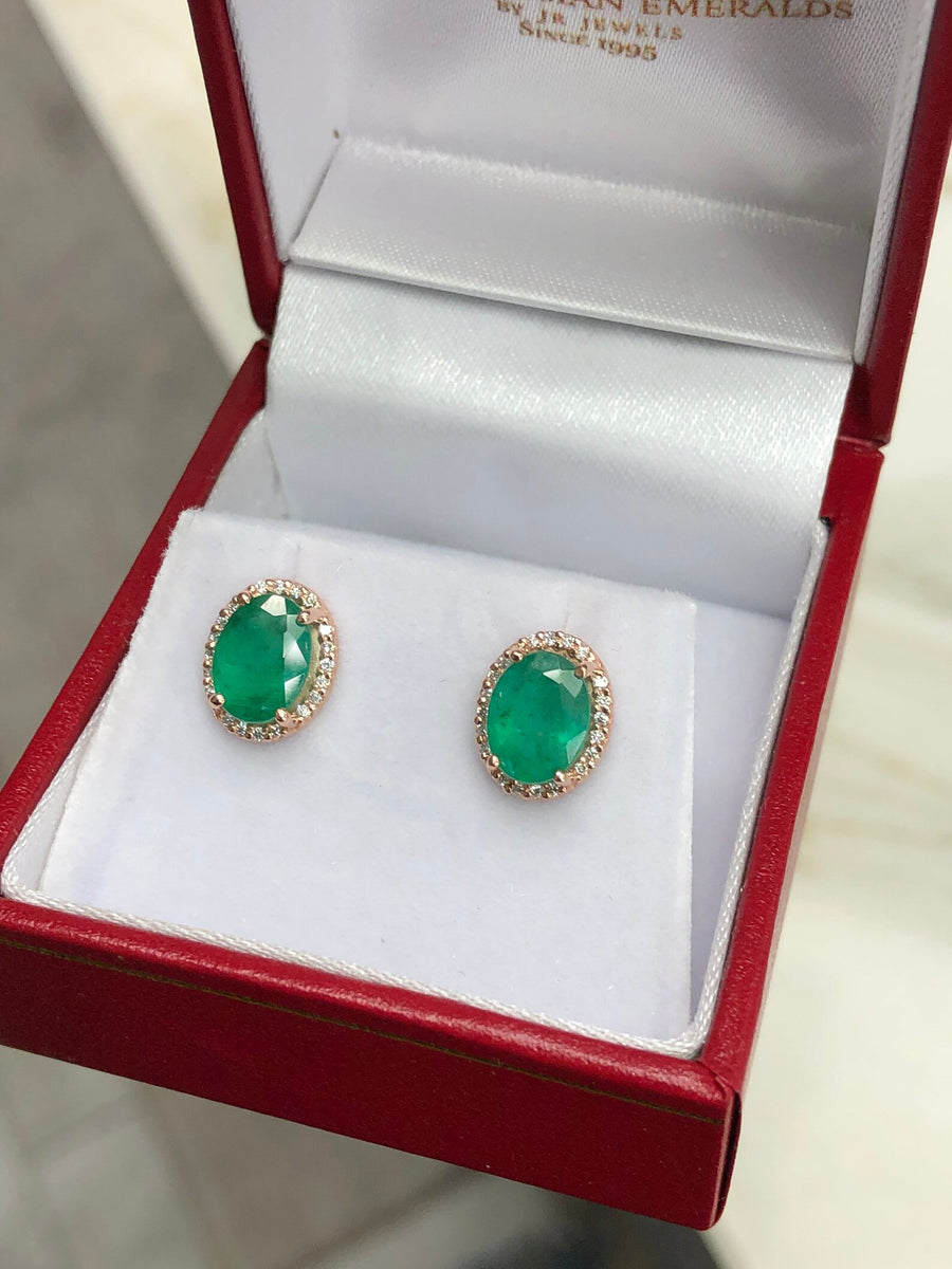 14K Gold Oval Shape Dark Green 2.10tcw Natural Emerald & Round Diamond Halo Stud Earrings
