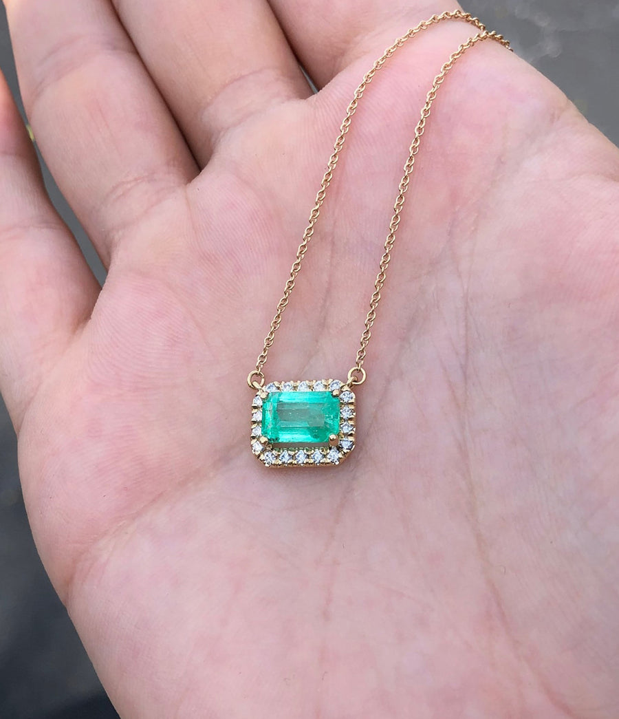 East to West Earth mined 2.20tcw Colombian Emerald & Pave Diamond Stationary Necklace 14k Gold