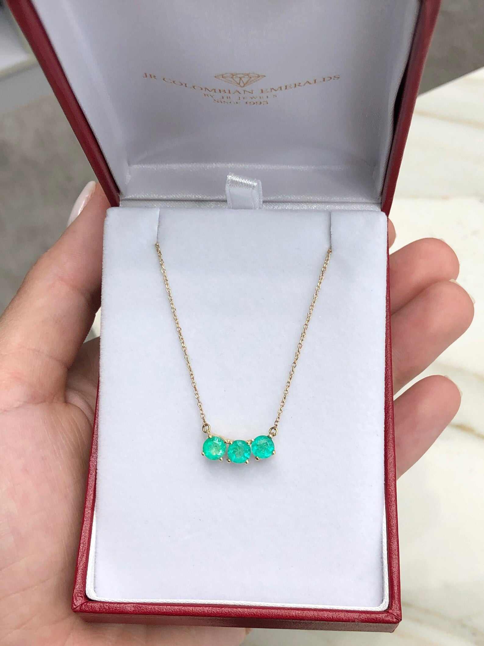 1.45tcw Three Stone Round Colombian Emerald Stationary Necklace 14K Solid Gold