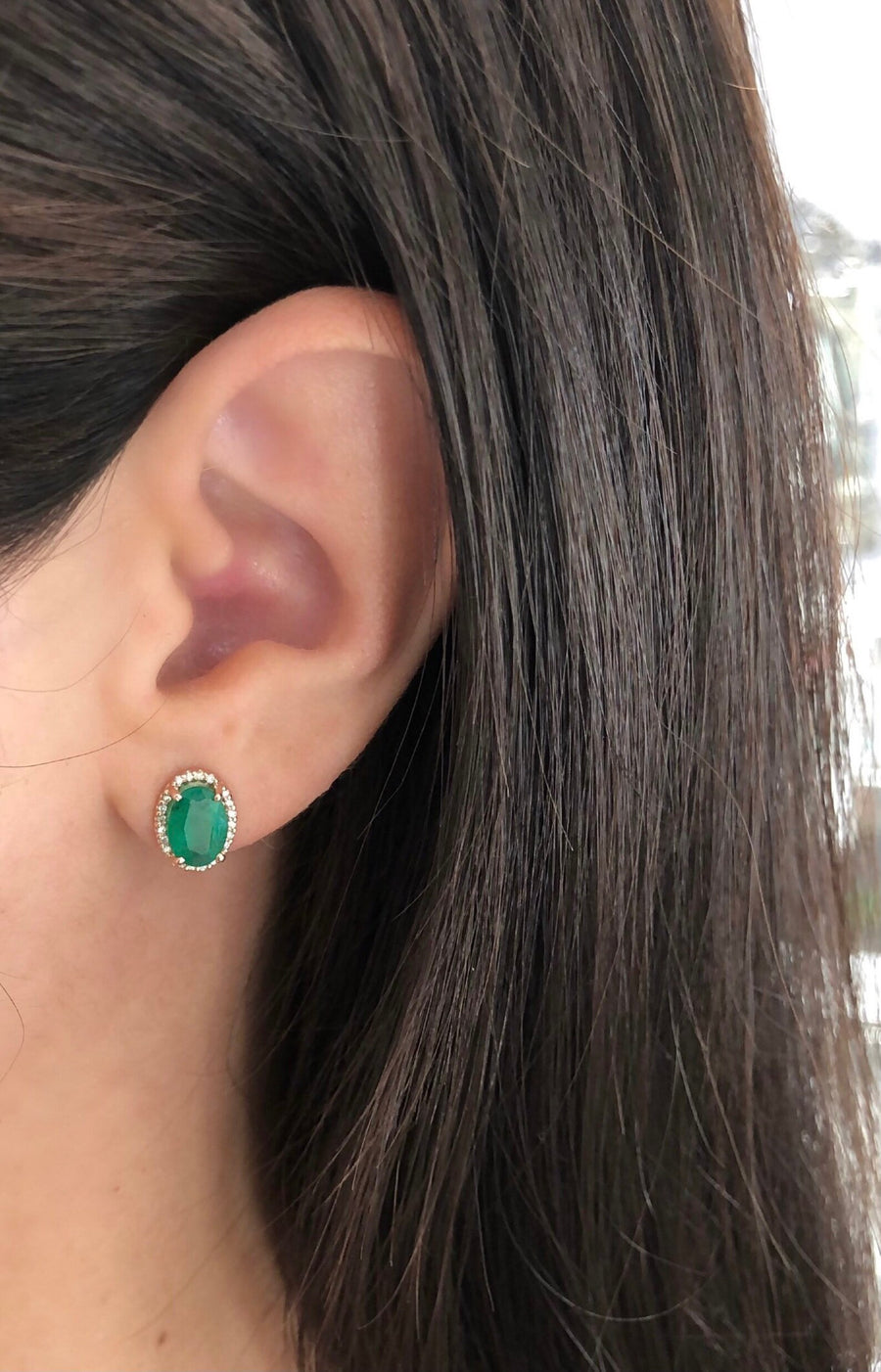 2.10tcw Oval Cut Dark Green Emerald & Diamond Halo Gold Stud Earrings 14K