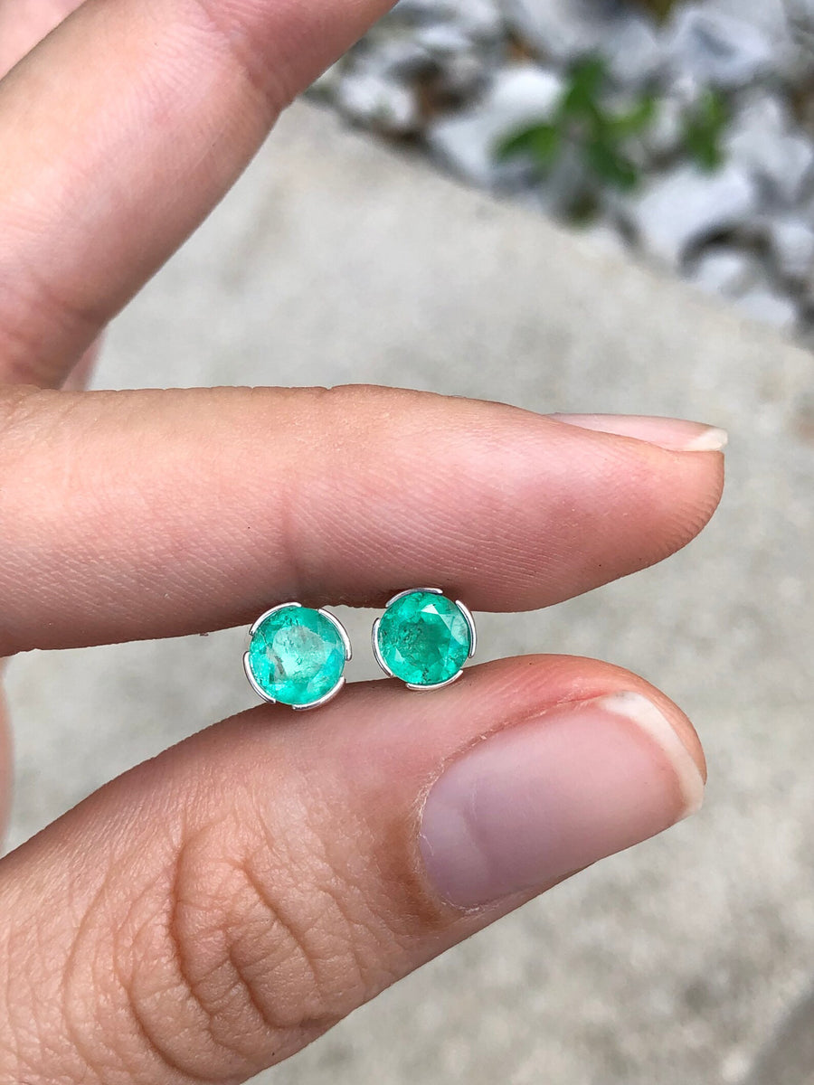 Rich Green Round Natural Emerald 1.40tcw Silver Earrings Semi Bezel Studs
