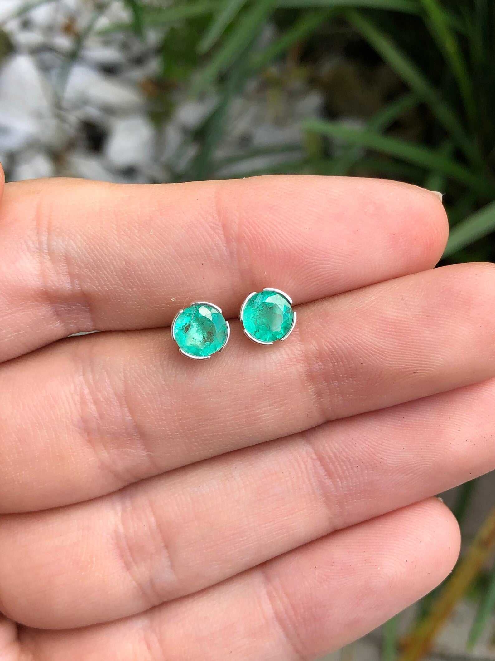 1.50tcw Round Natural Emerald Silver Earrings Semi Bezel Studs