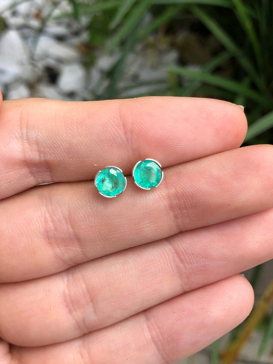 Rich Green Round Natural Emerald 1.40tcw Silver Earrings Semi Bezel Studs 925