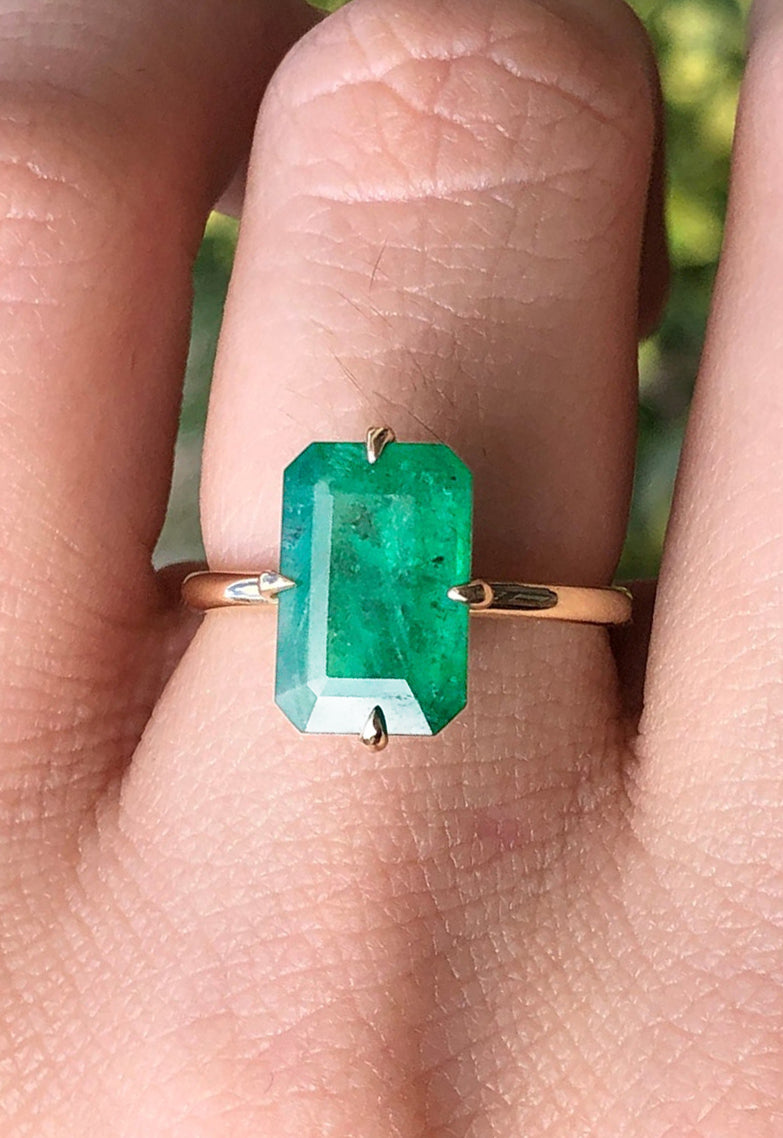 Genuine Emerald 3.0 Ct Emerald Cut Dark Green Solitaire Off Set Claw Ring 14K
