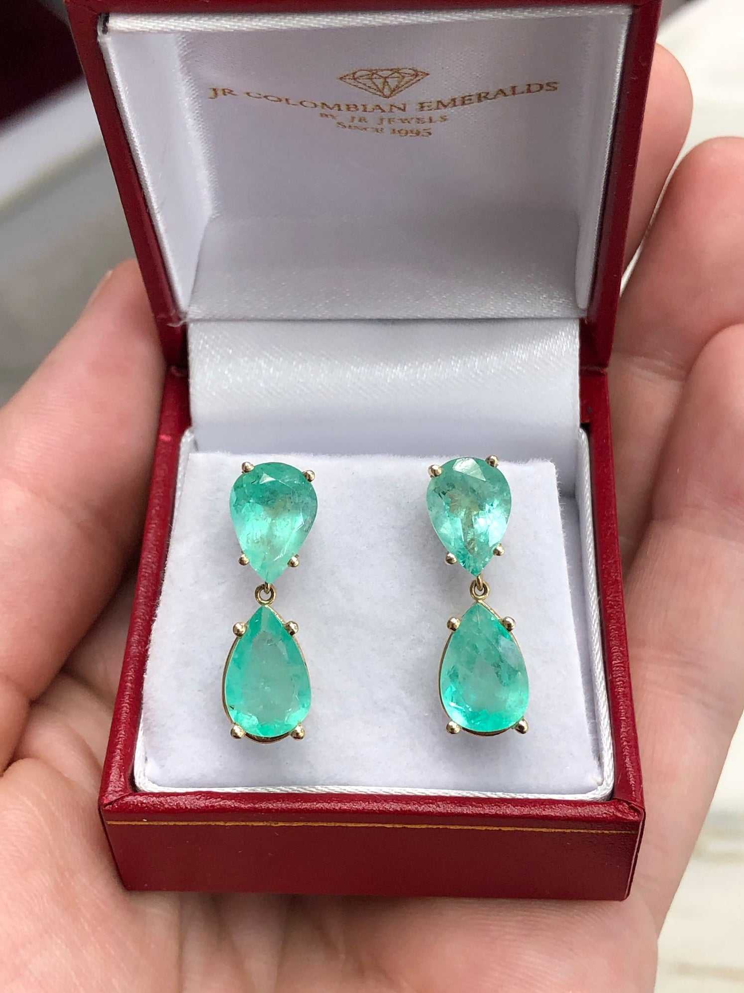 Big statement 7.54tcw Teardrop Natural Colombian Emerald Dangle Earrings 14K