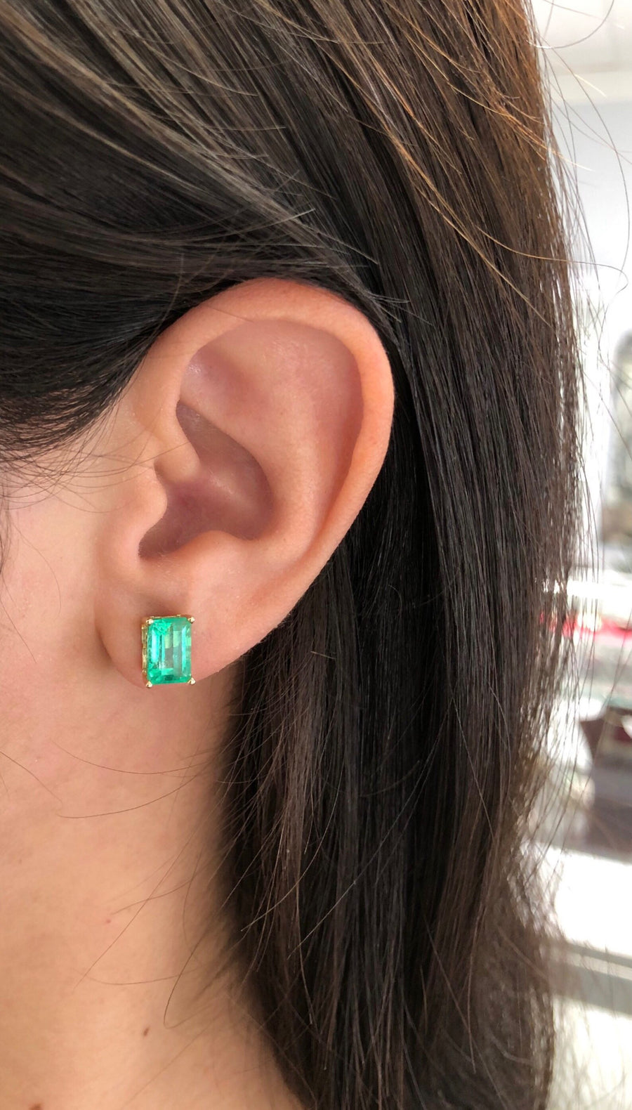 Bright vivid green 3.77tcw Colombian emerald scroll design stud earrings 18K