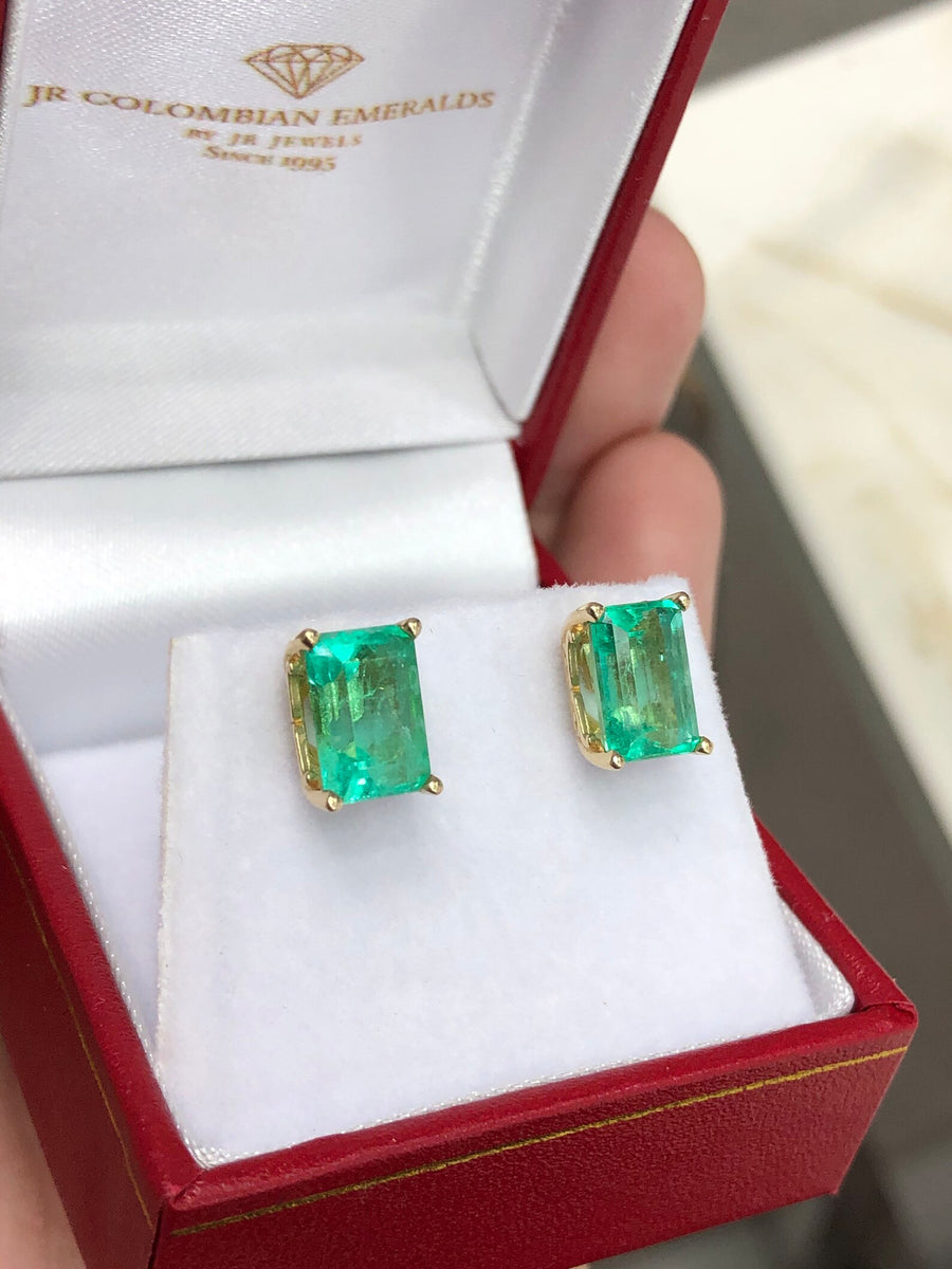 Bright vivid green 3.77tcw Colombian emerald scroll design stud earrings 18K in box