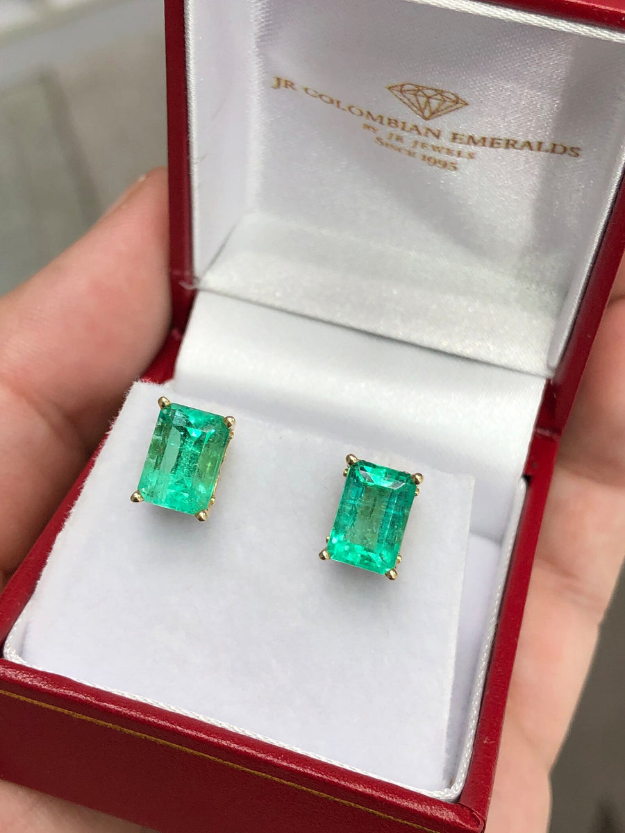 Bright vivid green 3.77tcw Colombian emerald scroll design stud earrings 18K Gift
