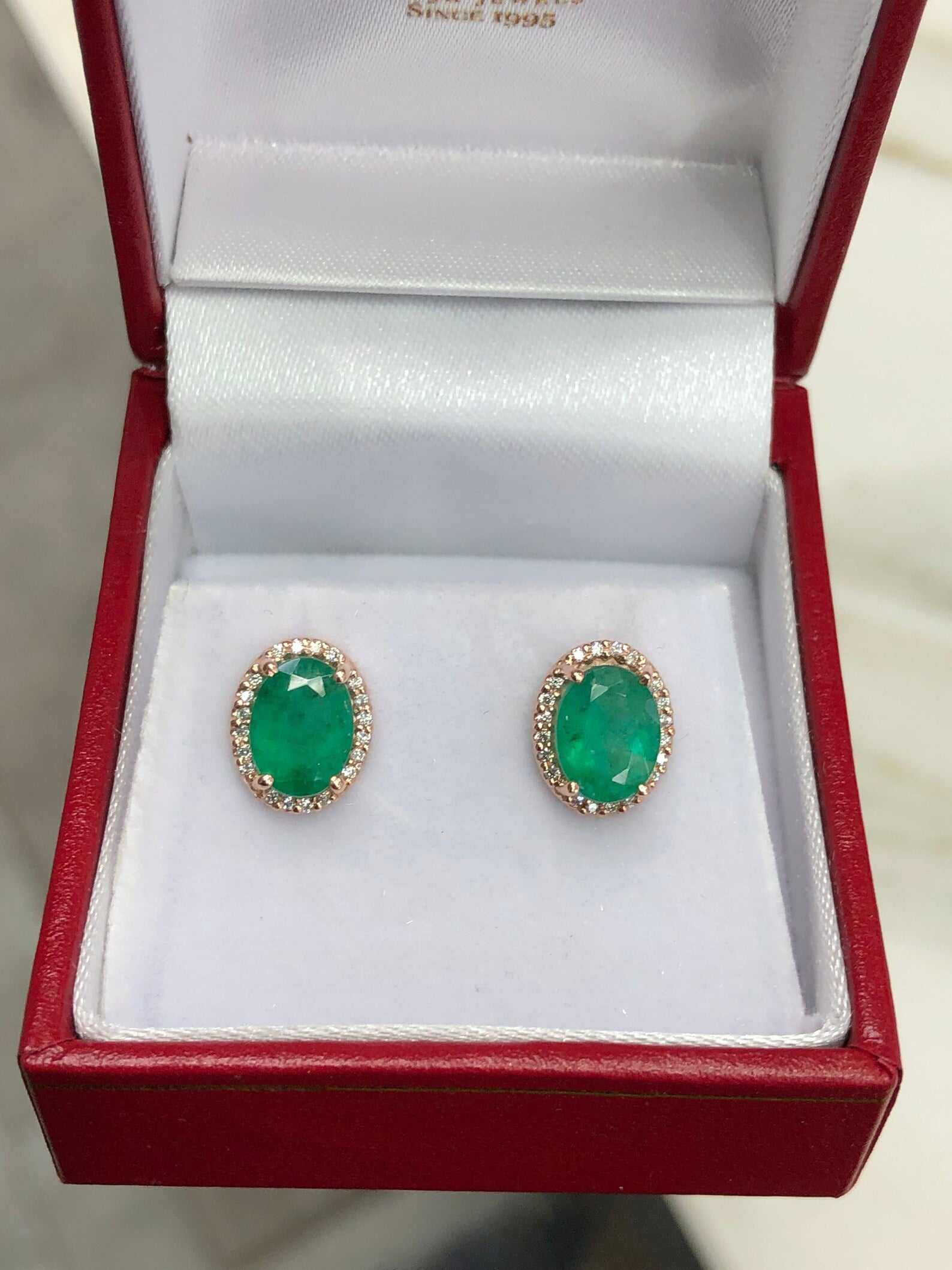 2.10tcw Oval Cut Dark Green Emerald & Diamond Halo Rose Gold Stud Earrings 14K