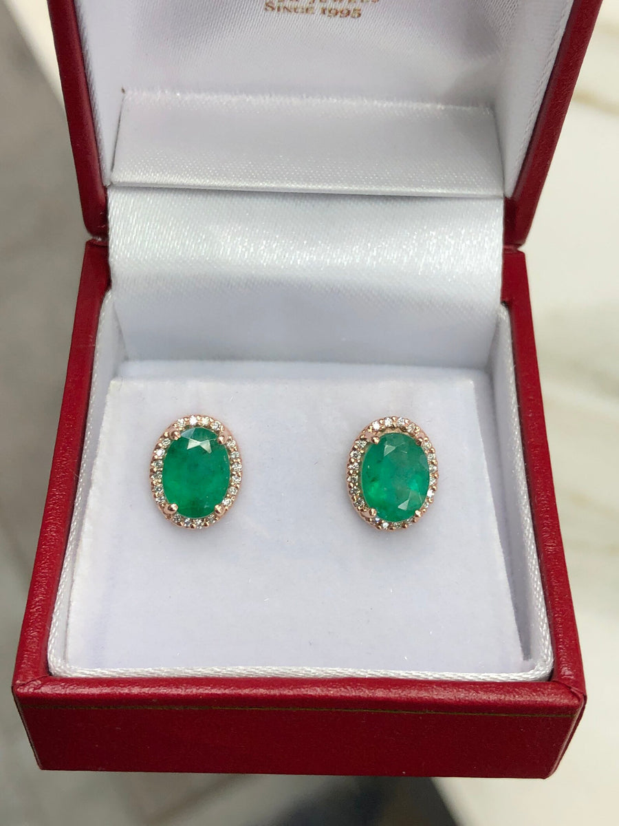 Oval Shape Dark Green 2.10tcw Natural Emerald & Diamond Pave Halo Stud Earrings 14K Gold