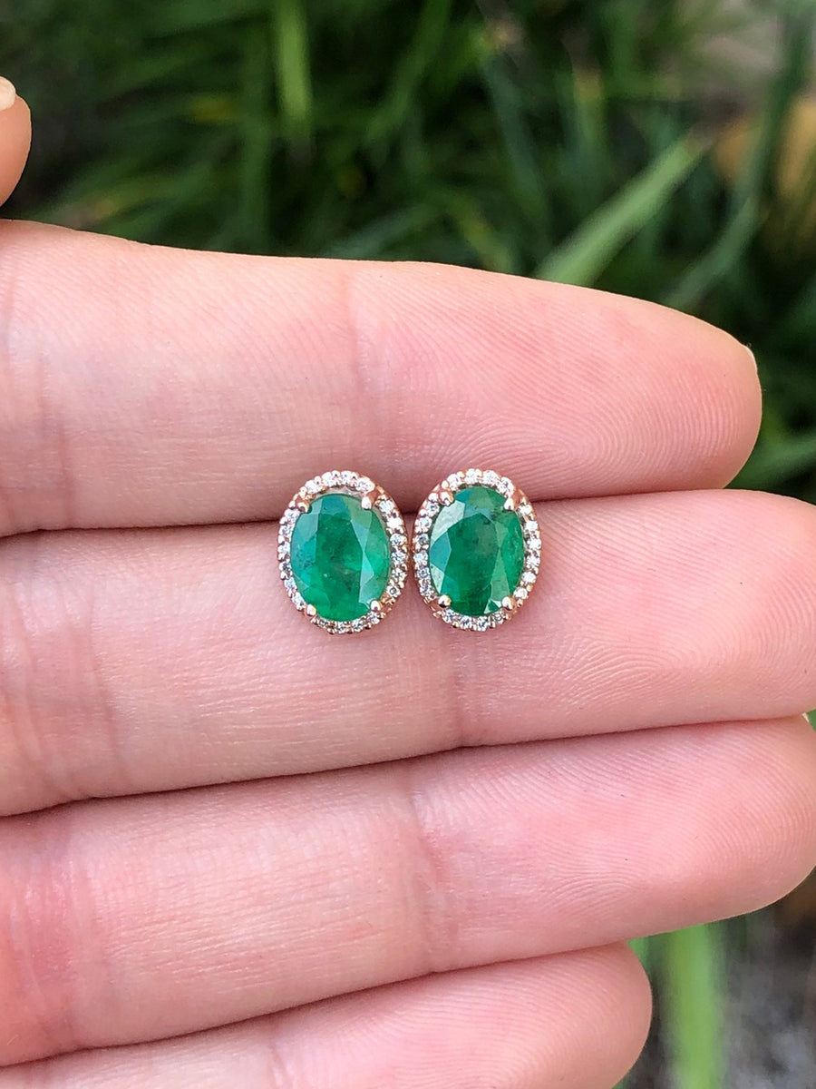 Oval Cut Dark Green 2.10tcw Emerald & Diamond Halo Gold Stud Earrings 14K