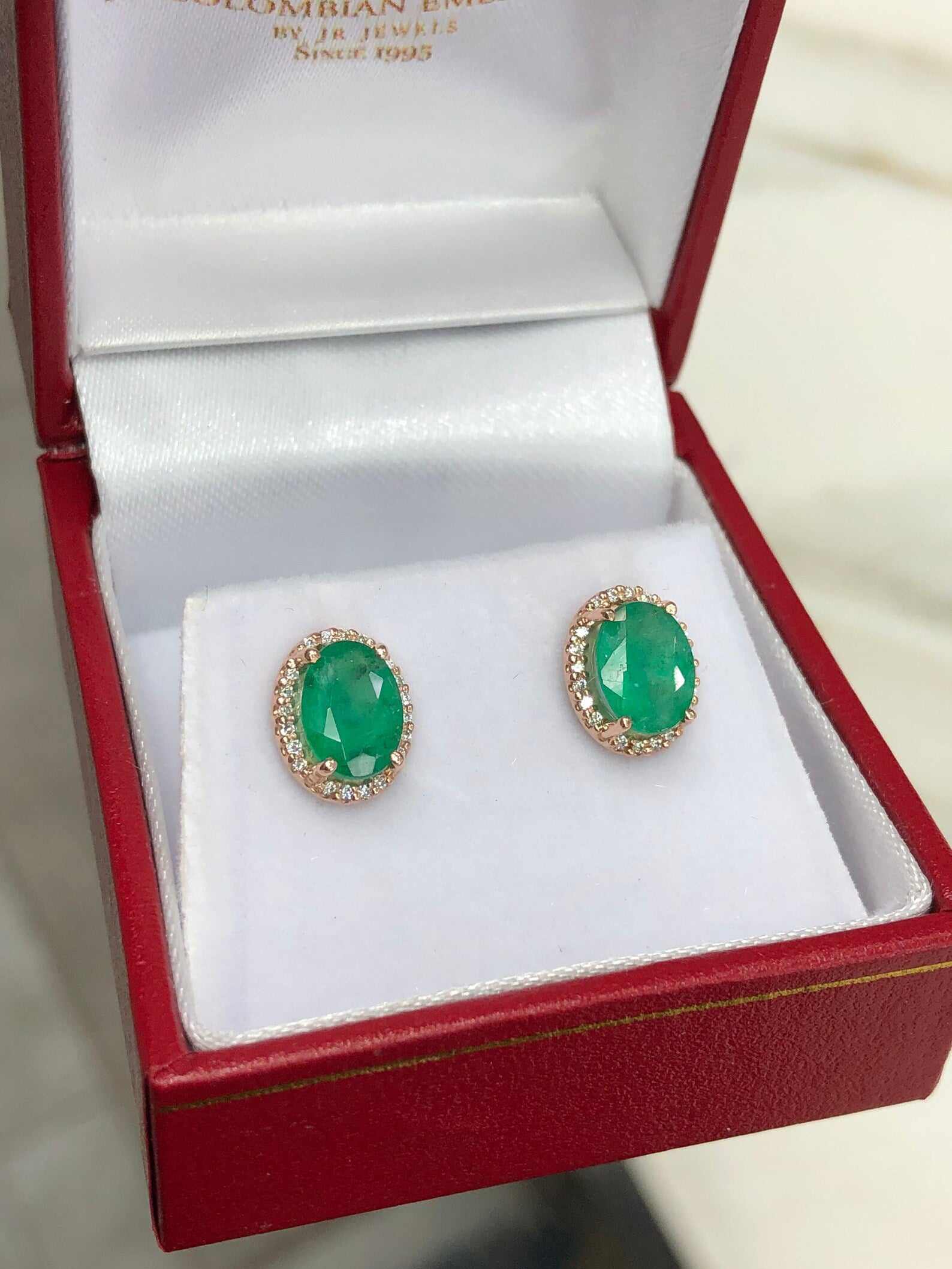 2.10tcw Oval Cut Dark Green Emerald & Diamond Halo Rose Gold Stud Earrings 14K