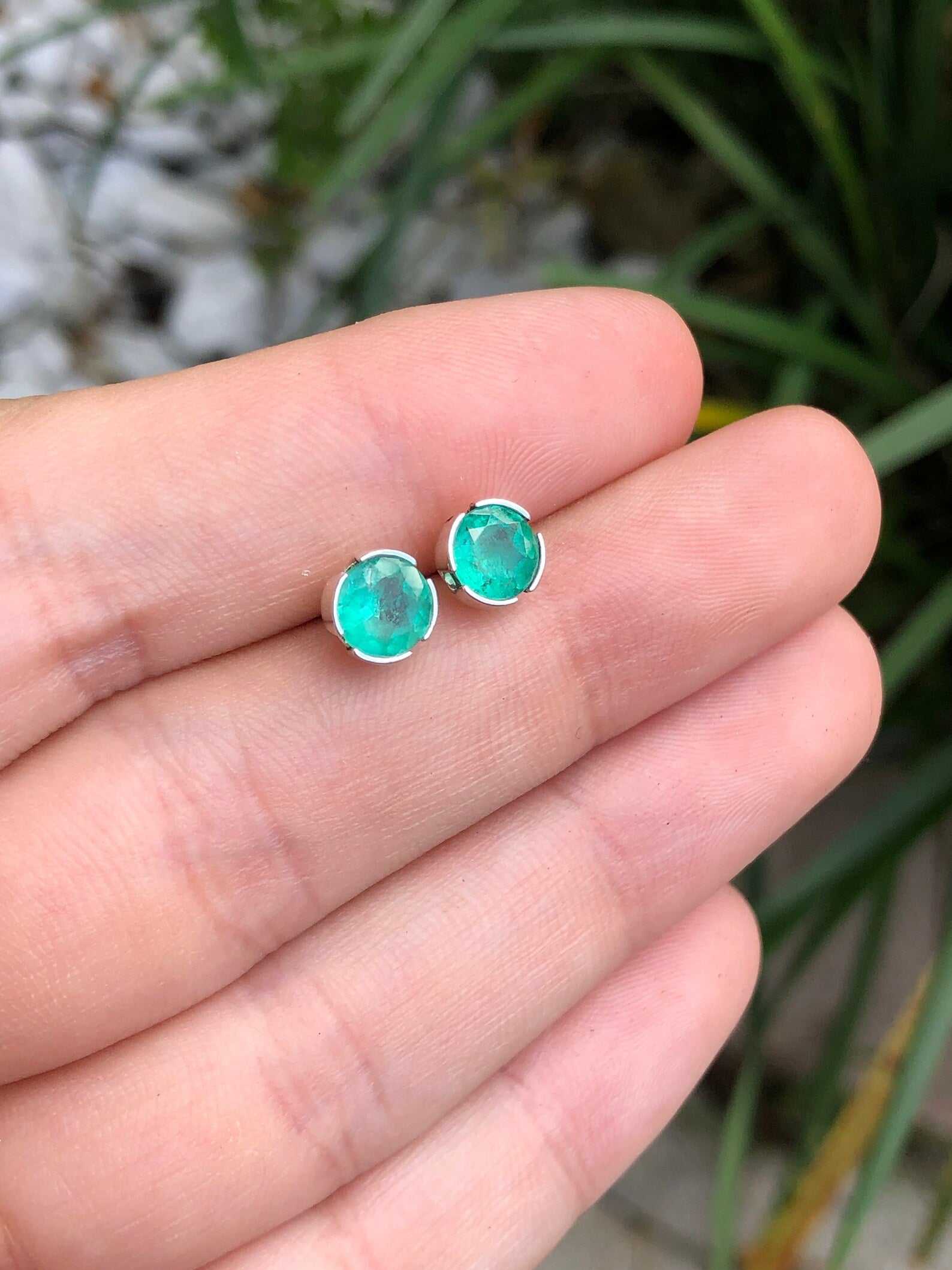 Green Round Real Emerald 1.50tcw Silver Earrings Semi Bezel Studs 925