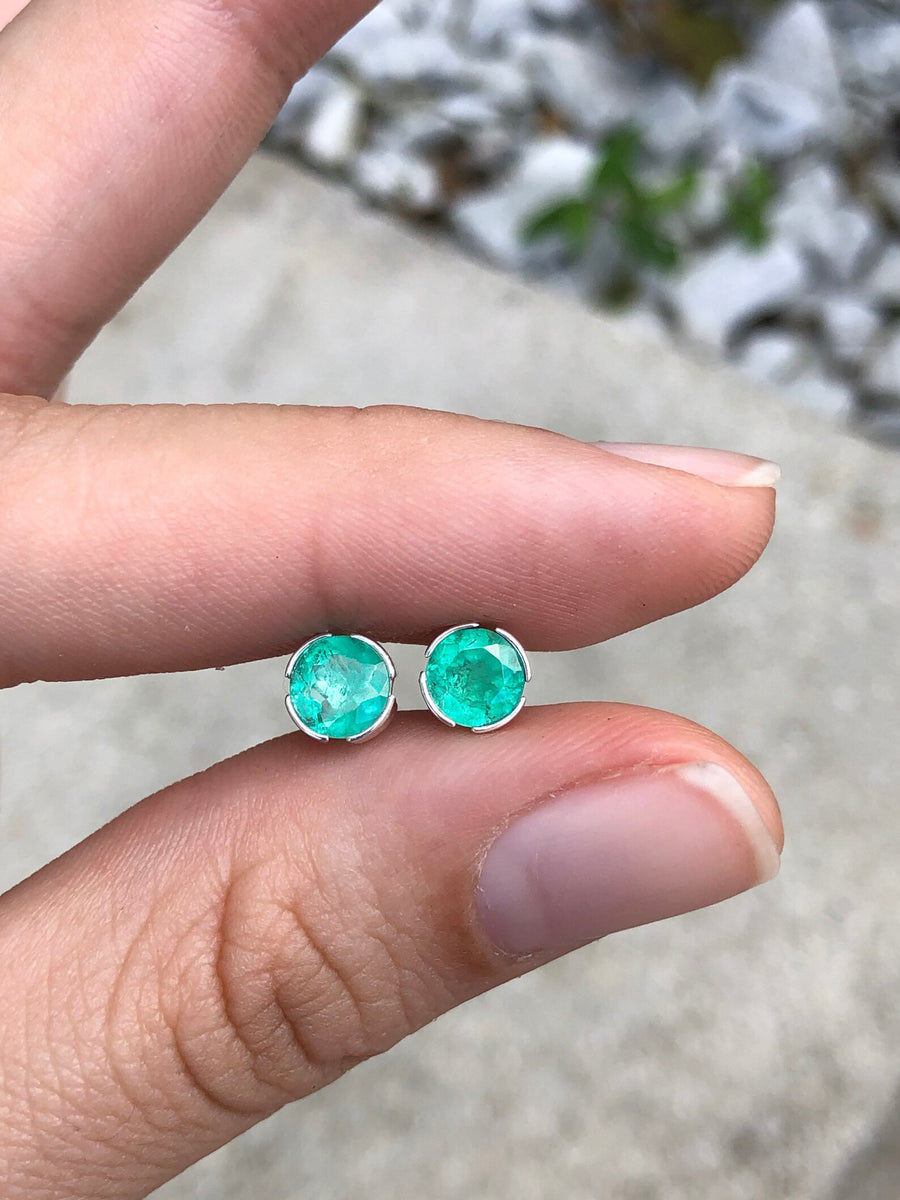 1.40tcw Green Round cut Real Emerald Silver Earrings Semi Bezel Studs 925