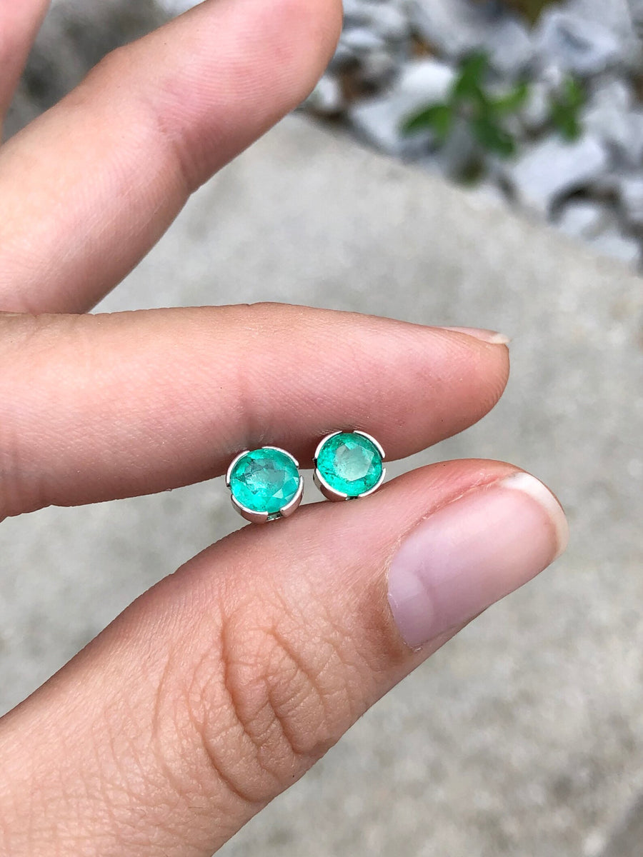 1.40tcw Green Round shape Real Emerald Earrings Semi Prong Bezel Studs Silver 925