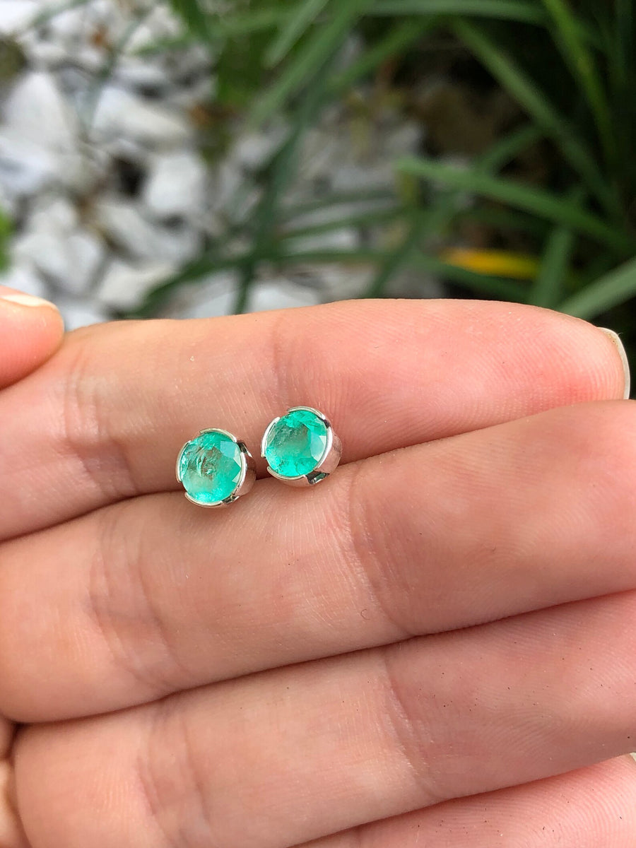 Green 1.40tcw Round shape Real Emerald Earrings Semi Prong Bezel Studs Silver 925