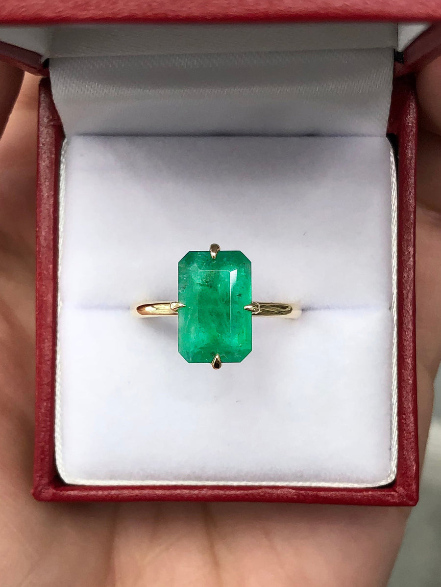 3.0 carat Natural Emerald Dark Green Emerald Cut Solitaire Off Set Claw Ring 14K
