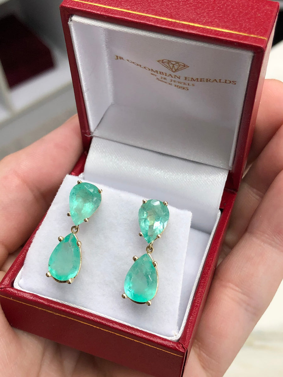 7.54tcw Large statement Teardrop Natural Colombian Emerald Dangle Earrings 14K