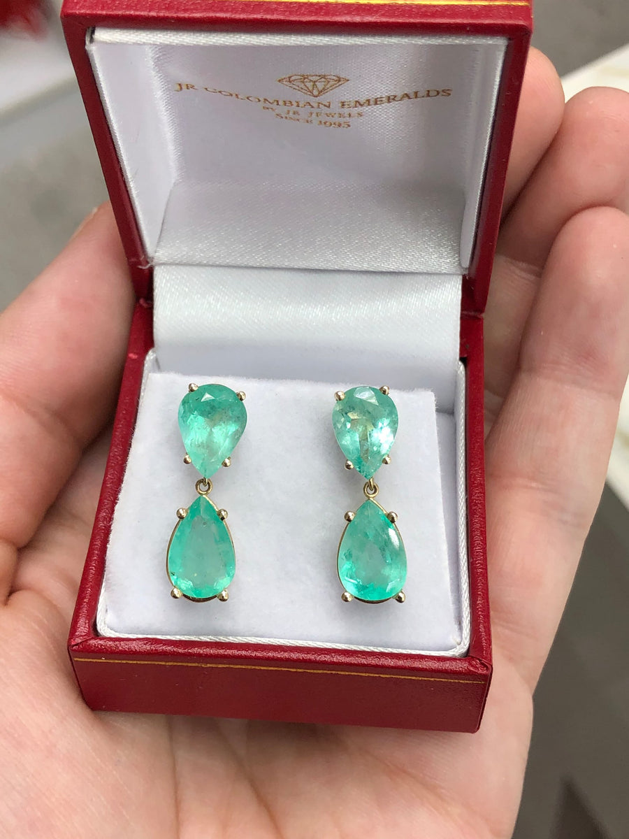 7.54tcw Large statement Teardrop Natural Colombian Emerald Dangle Earrings 14K gift