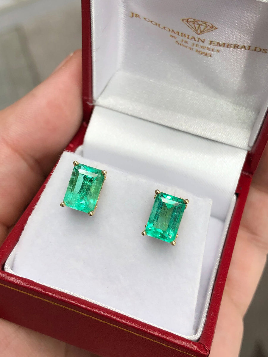 3.77tcw Prong Set Colombian Emerald - Emerald Cut Four Prong Earrings 18K