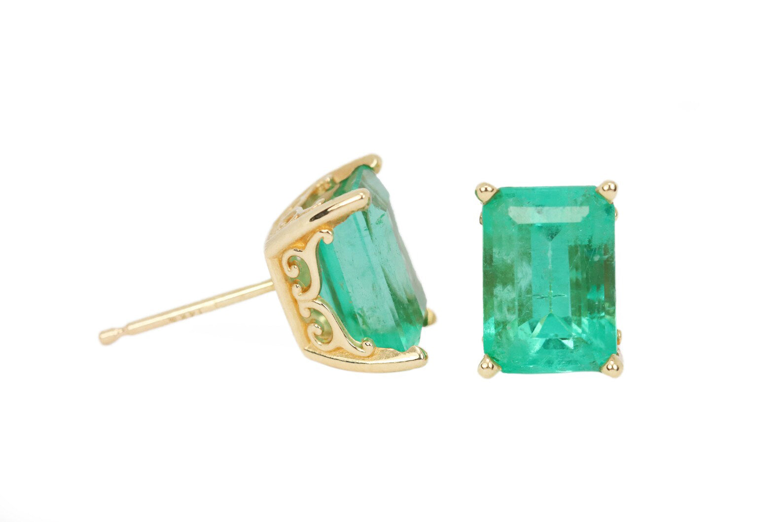 3.24tcw 14K Fleur De Lis 4 Prong Emerald Cut Solitaire May Birthstone Stud Earrings - JR Colombian Emeralds