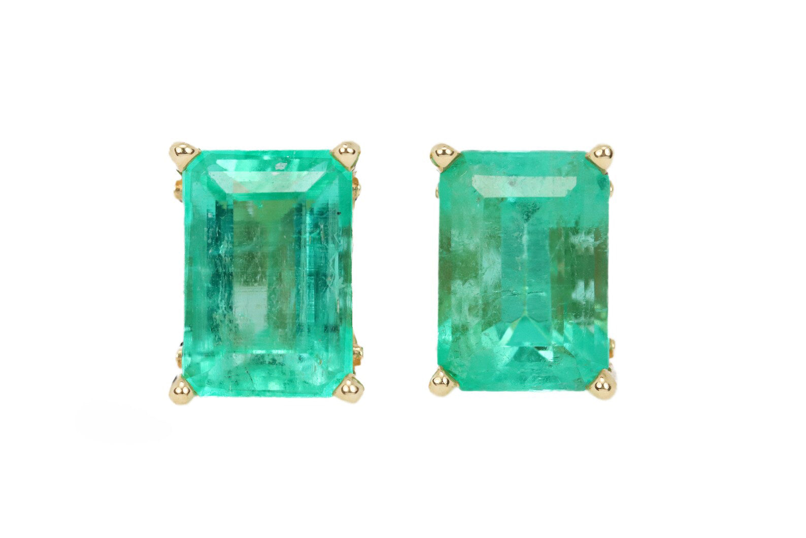 3.24tcw 14K Fleur De Lis 4 Prong Emerald Cut Solitaire May Birthstone Stud Earrings - JR Colombian Emeralds