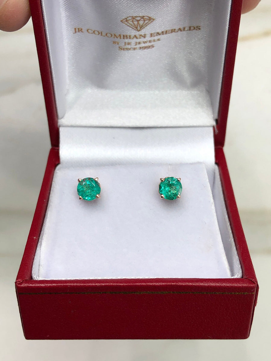 0.90tcw Round Cut Medium Deep Green Emerald Floral Carved Stud Earrings 14K