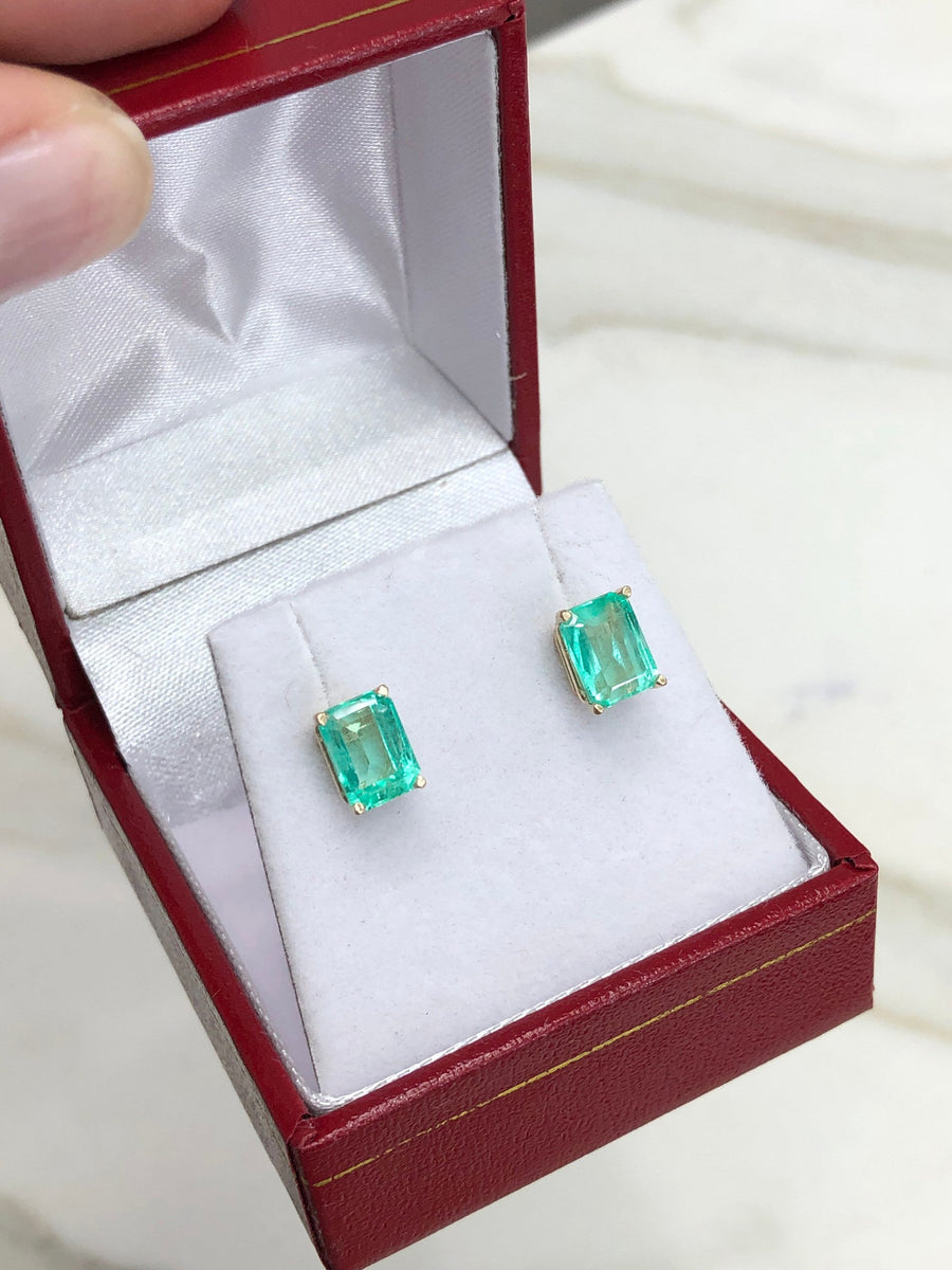 Trendy 2.05tcw Bright Rich Green Beautiful Colombian Emerald Cut 4 Prong Earrings 14K