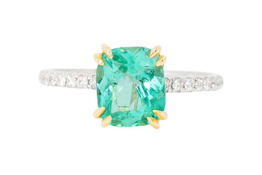 2.30tcw Cushion Natural Emerald and Diamond Accent Engagement Ring 14K