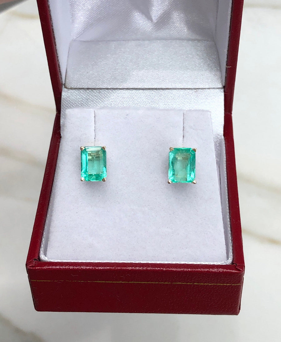 Classic 2.05tcw Bright Rich Green Beautiful Colombian Emerald Cut 4 Prong Earrings 14K