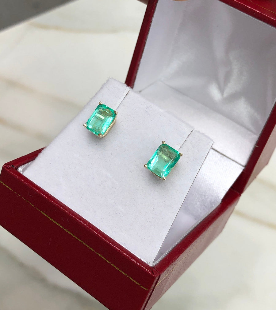 2.05tcw Classic Bright Rich Green Beautiful Colombian Emerald Cut 4 Prong Earrings 14K