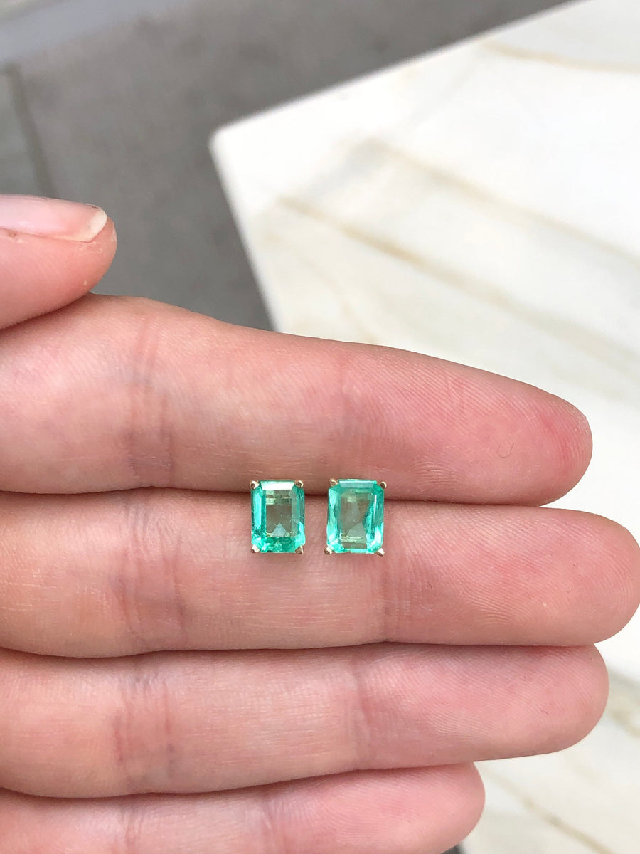 2.05tcw Classic Rich Green Beautiful Colombian Emerald Cut 4 Prong Earrings 14K Gold Gift