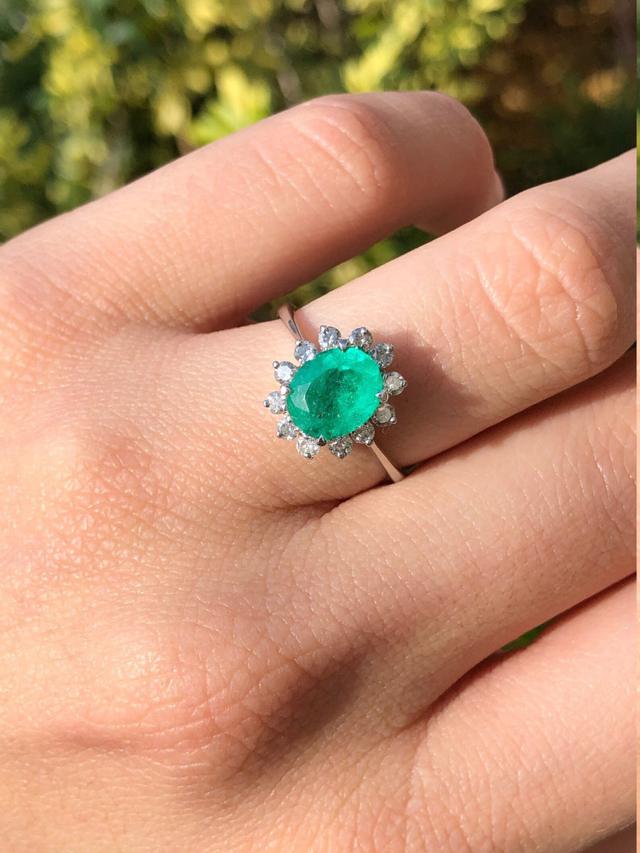 Colombian Emerald Oval & Diamond 2.10tcw Halo Engagement Ring 14K