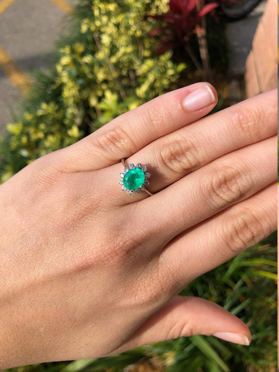 Colombian Emerald Oval & Round Diamond 2.10tcw Halo Engagement Ring 14K