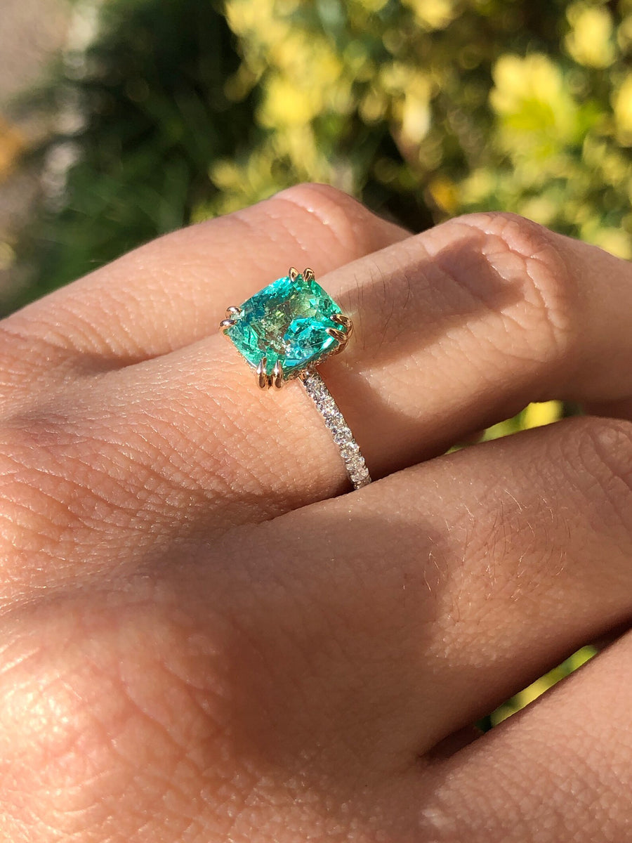 Celestial 14K Gold Engagement Ring with a 2.30tcw Cushion Emerald Centerpiece