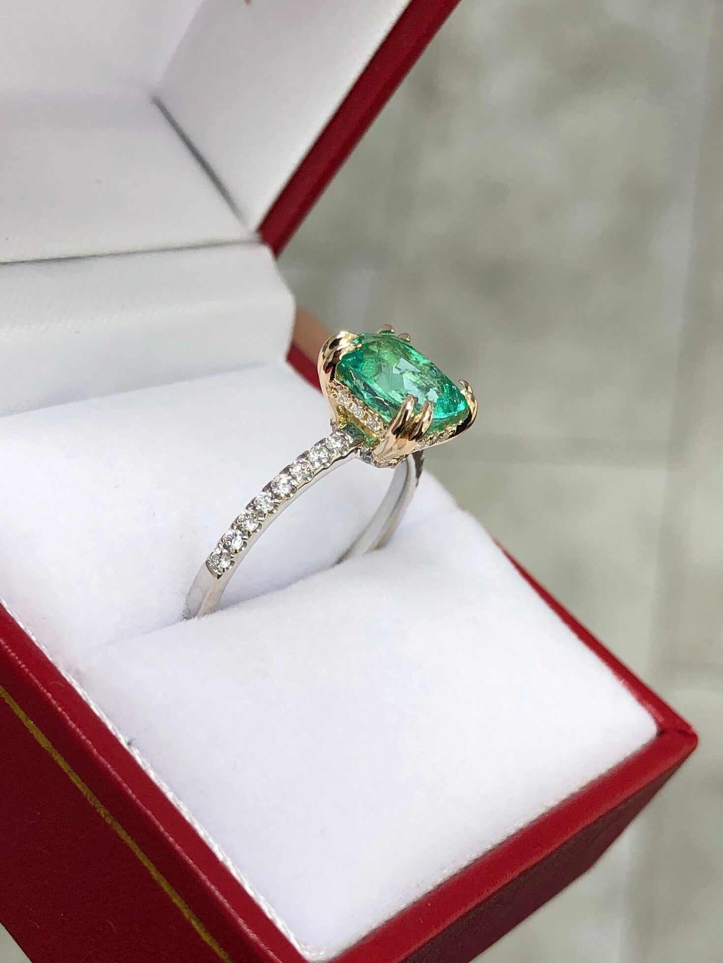 2.30tcw Cushion Natural Emerald and Diamond Accent Engagement Ring 14K