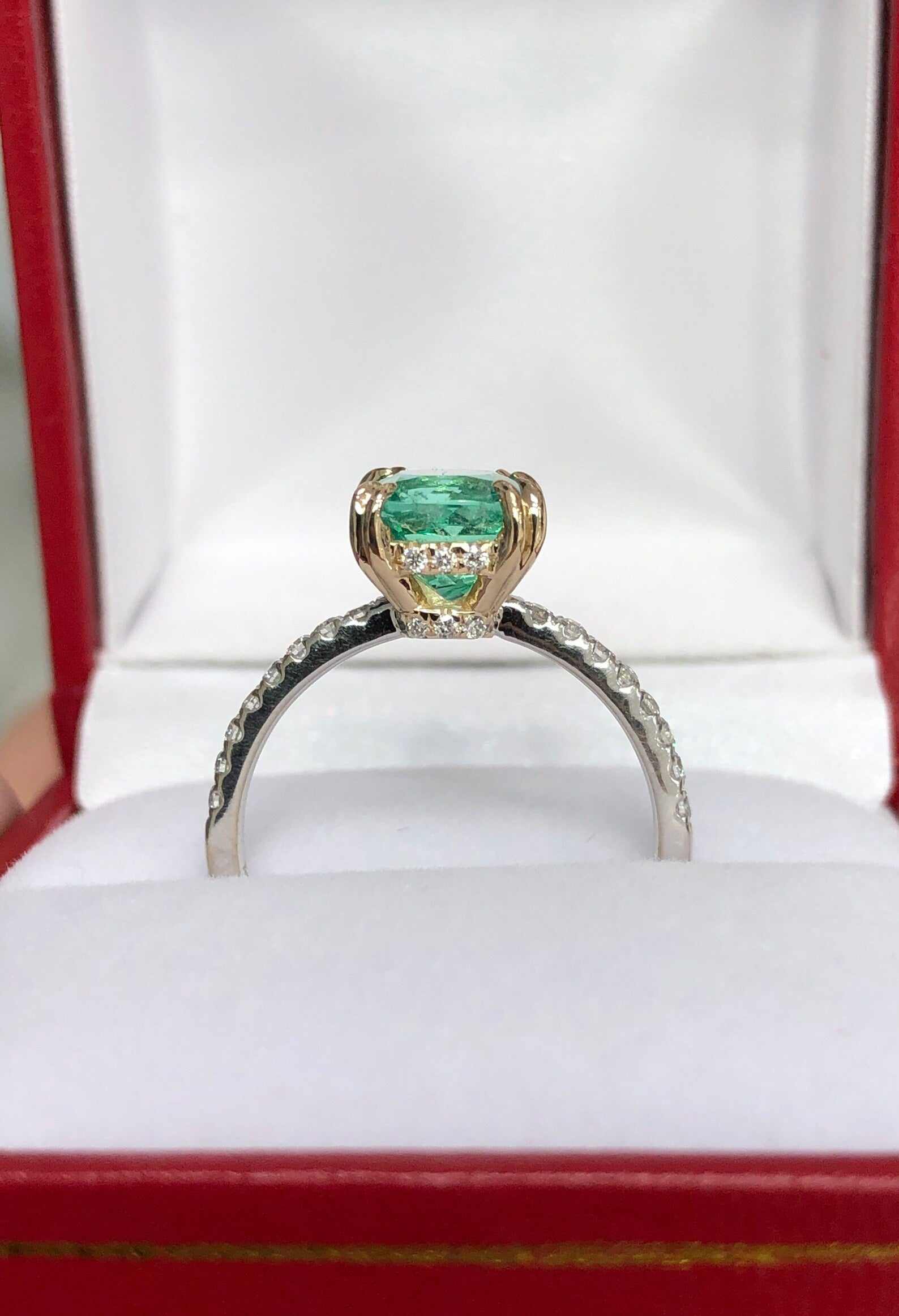 2.30tcw Cushion Natural Emerald and Diamond Accent Engagement Ring 14K