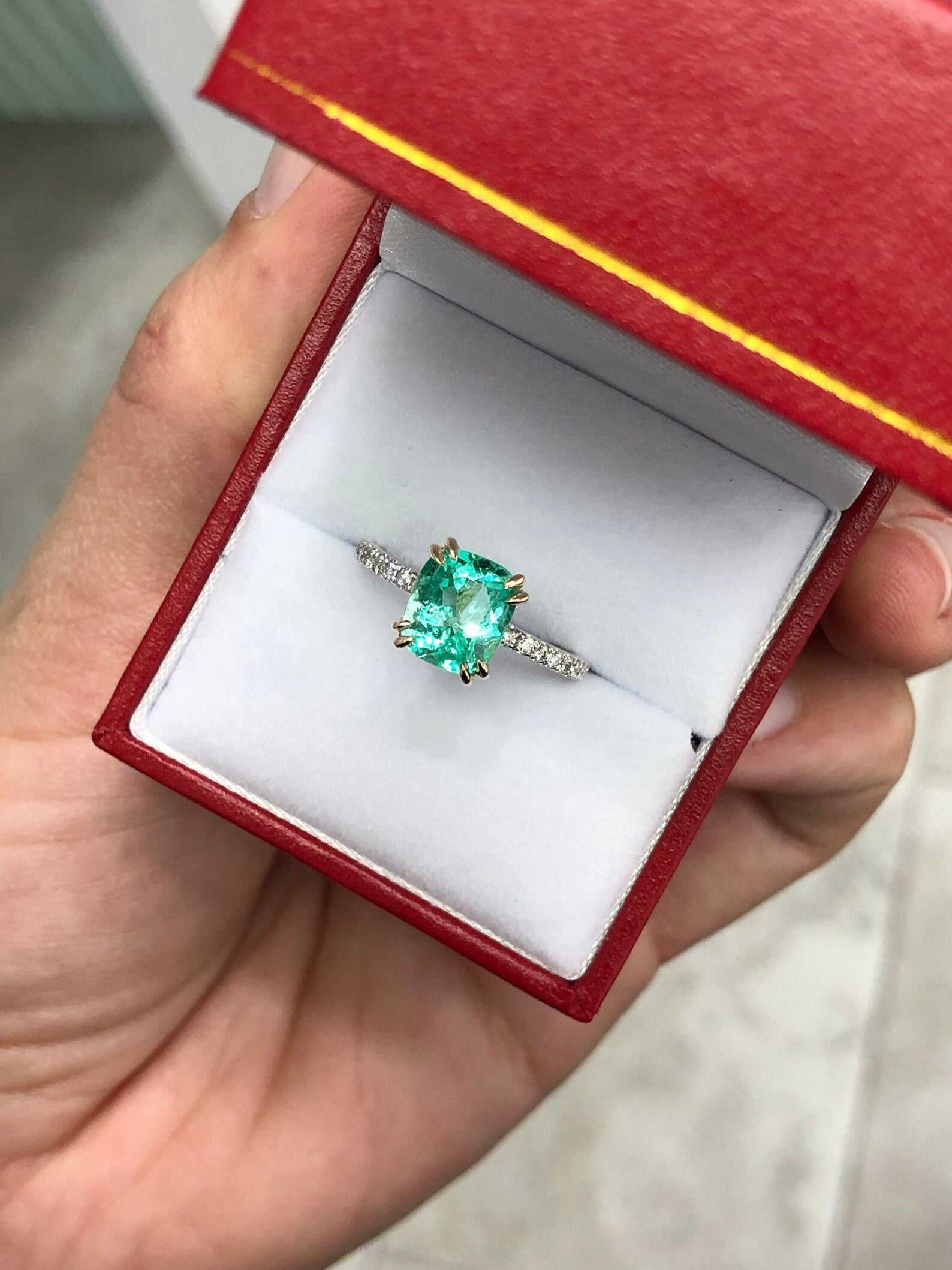 2.30tcw Cushion Natural Emerald and Diamond Accent Engagement Ring 14K