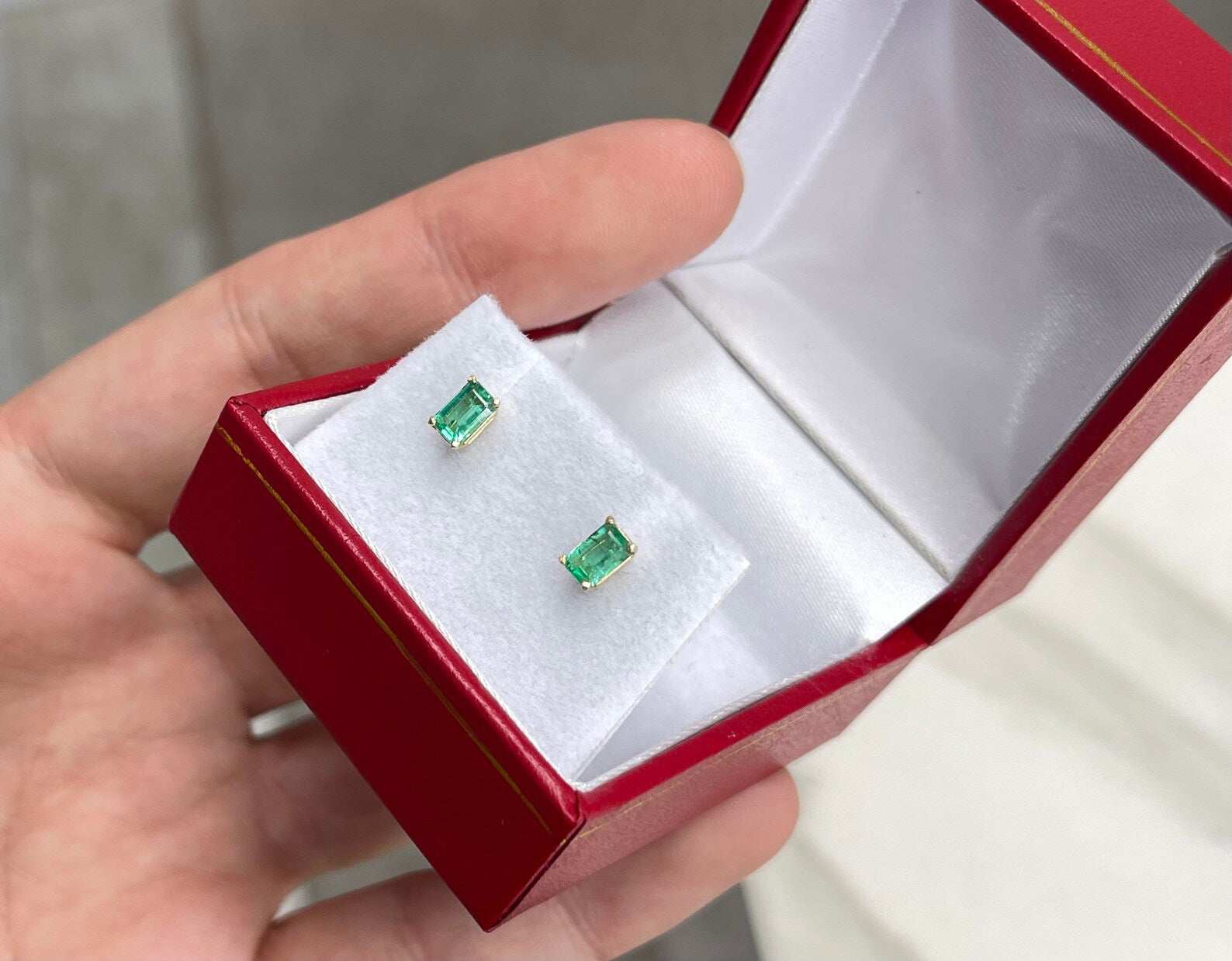 Small Four Prong Classic 0.80tcw Emerald Cut Emerald Stud Earrings 14K Gold