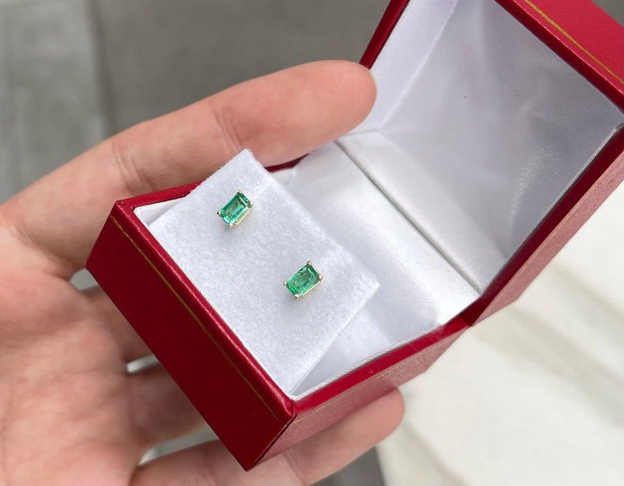 Small Four Prong Classic 0.60tcw Emerald Cut Emerald Stud Earrings 14K Gold