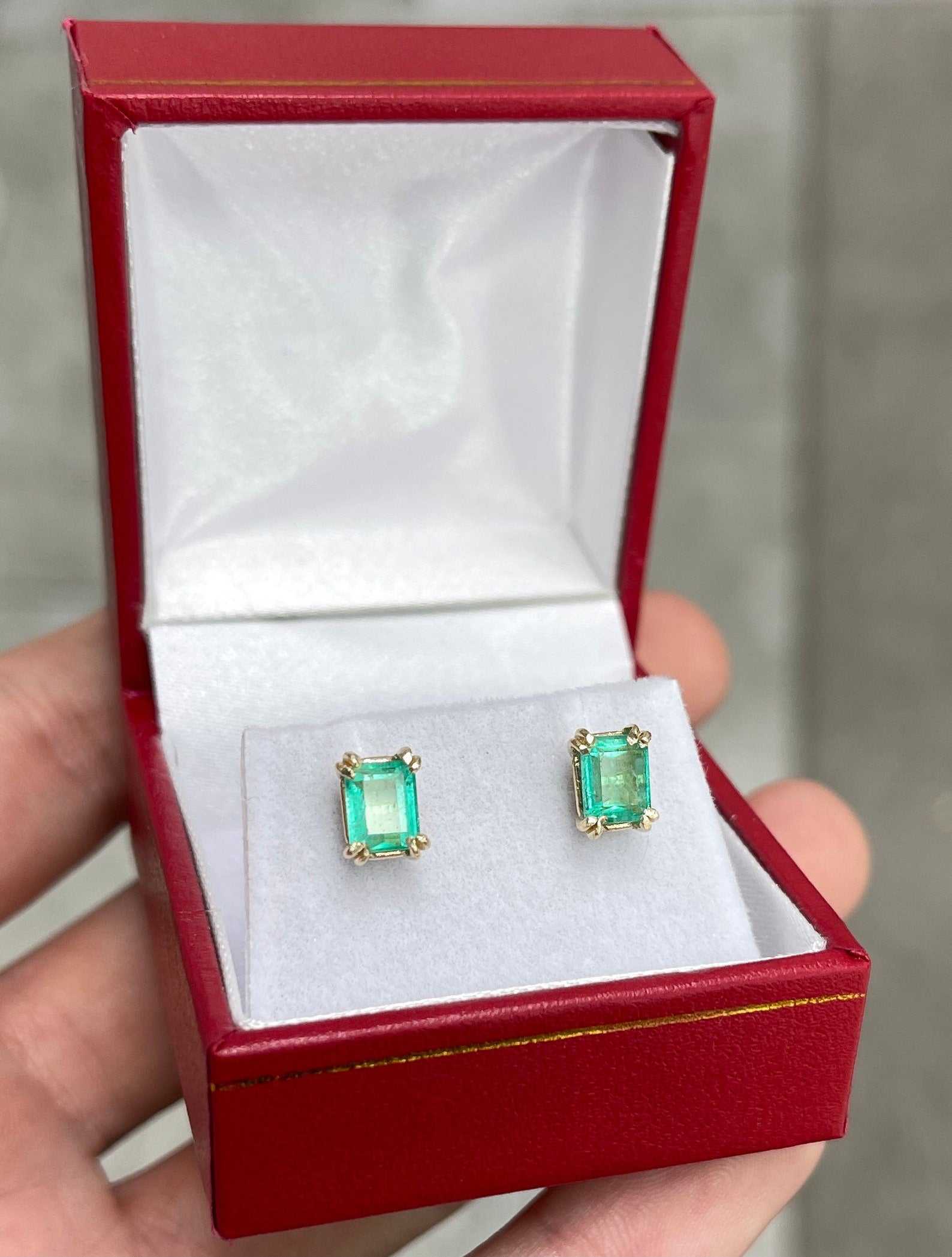 1.62tcw Medium Green Colombian Emerald Double Prong Classic Stud Earrings 14K