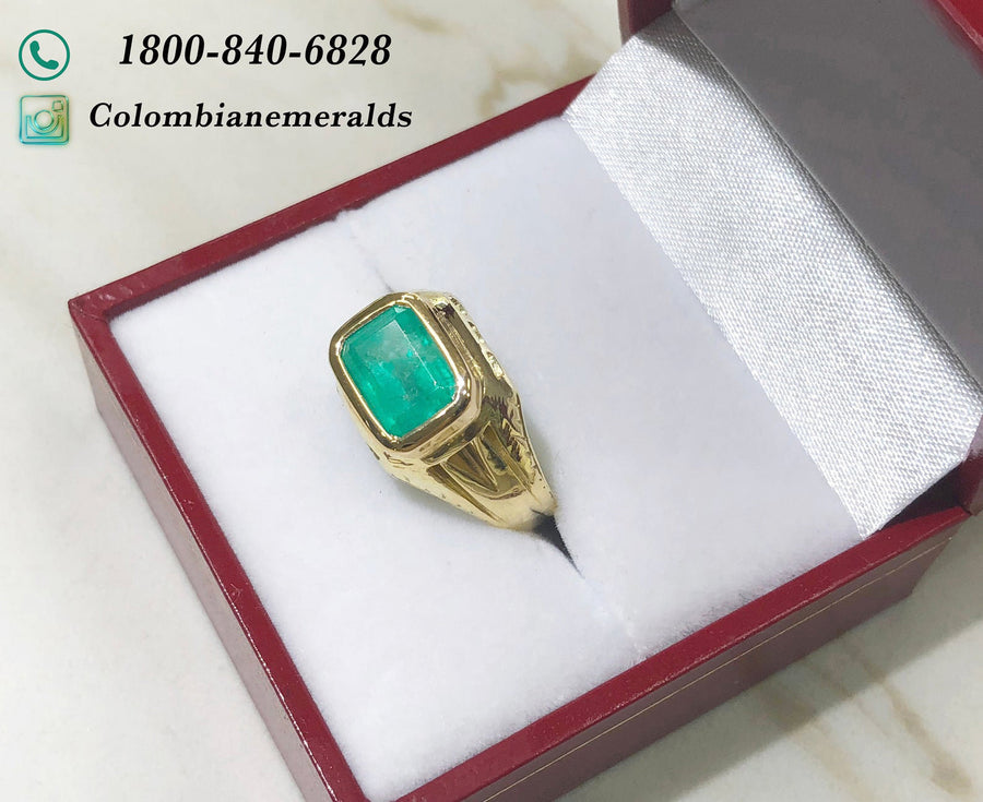 Genuine Natural Emerald Cut 2.10 Carat Cut Emerald Mens Vintage Style Ring 14K Solid