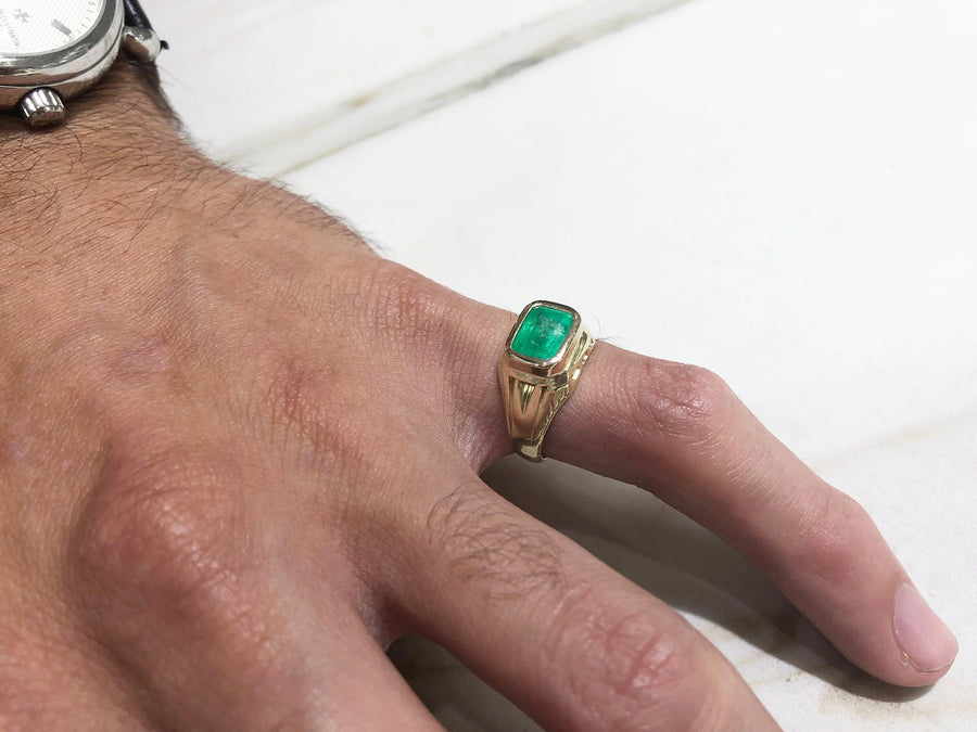 Natural Rectangular 2.10 Carat Cut Emerald Mens Vintage Style Ring 14K Solid
