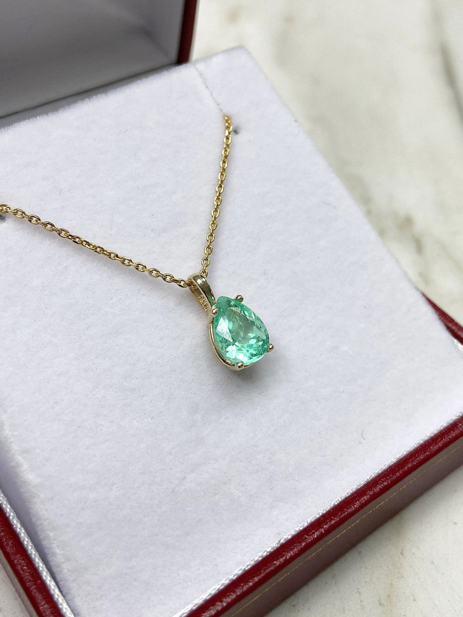 Colombian Emerald 1.50 Carat Pear 4 Prong Solitaire Pendant Necklace 14K