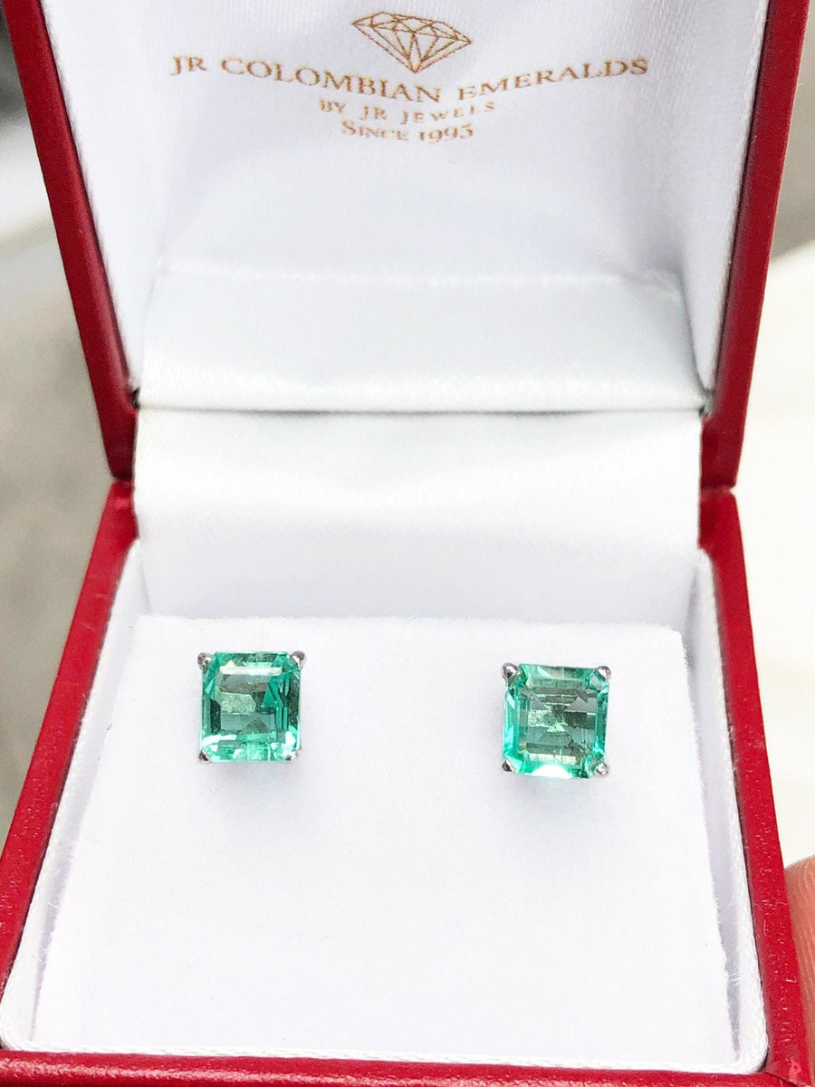 1.60tcw Lively Asscher-Cut Rich Green Natural Colombian Emerald Earrings Gold 14K