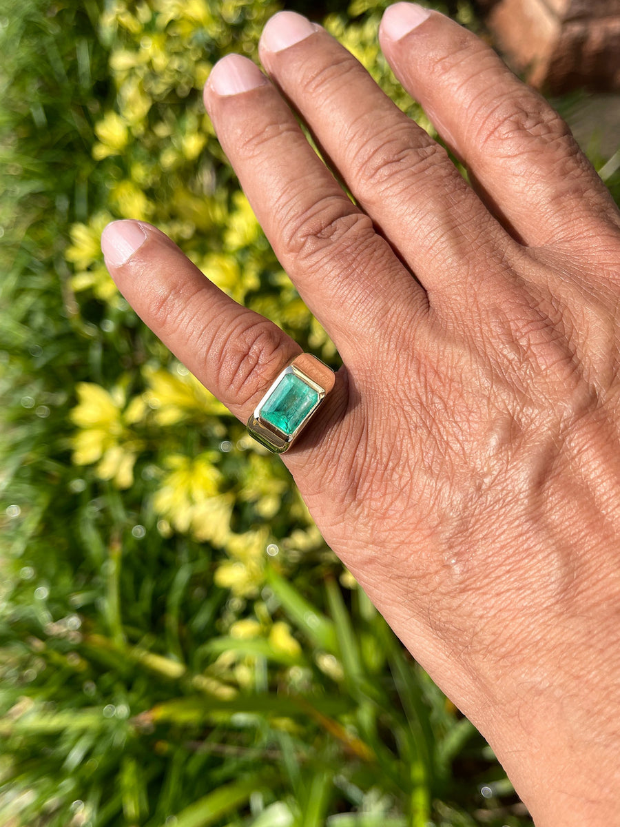 3.68cts Bezel Natural Emerald Cut Colombian Emerald Signet Big Heavy Ring 18K