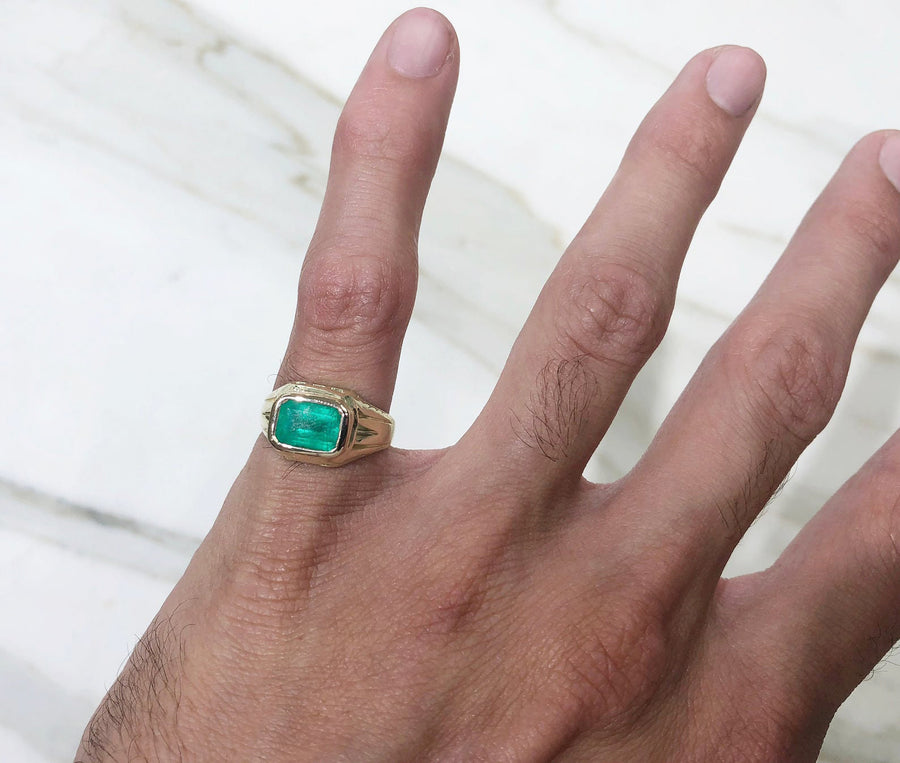 Natural Rectangular 2.10 Carat  Cut Emerald Mens Vintage Style Ring 14K