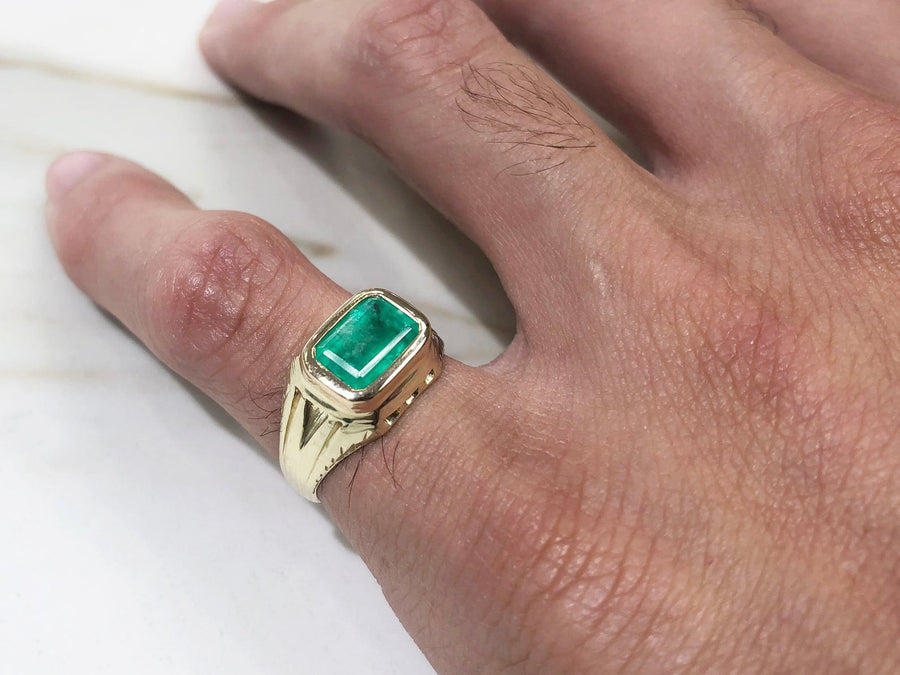 Genuine Rectangular 2.10 Carat Cut Emerald Mens Vintage Style Ring 14K Solid