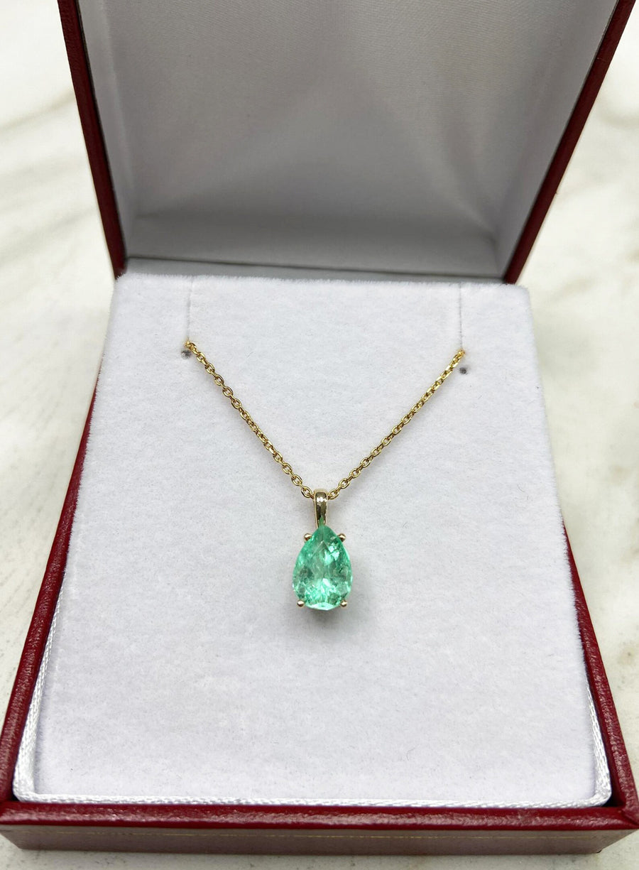 Pear Colombian Emerald 1.50 Carat 4 Prong Solitaire Pendant Necklace 14K
