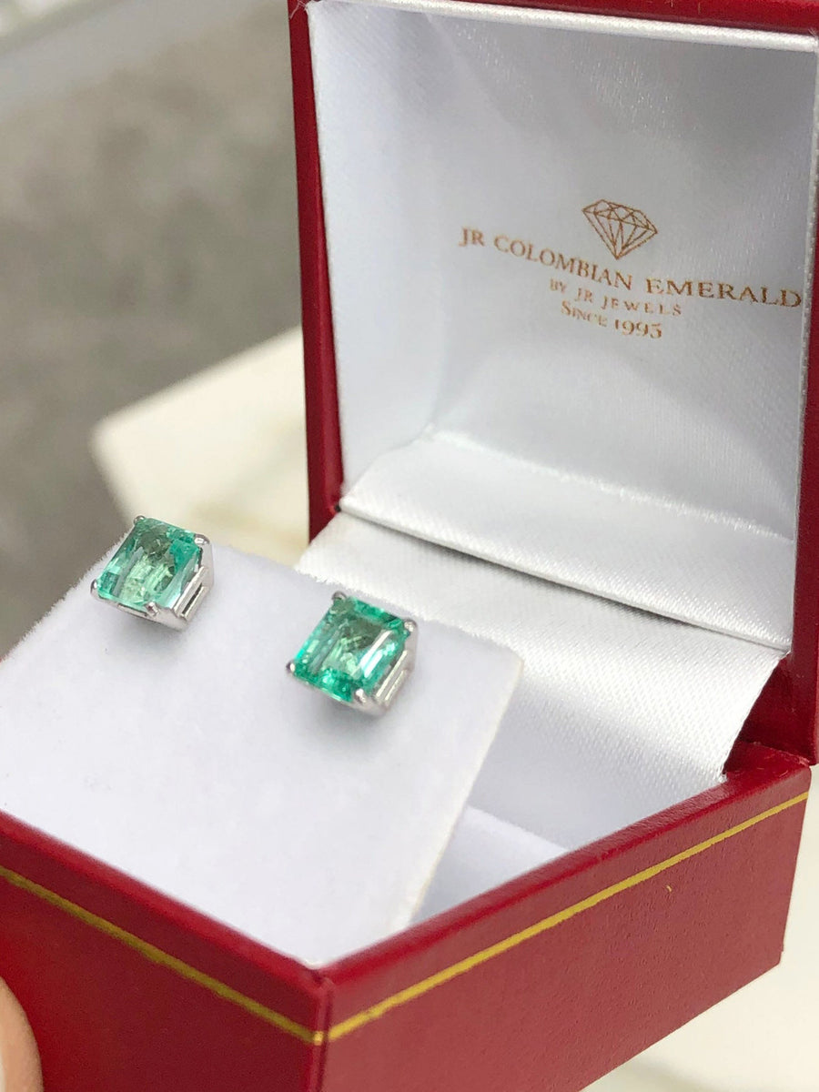 Lively Asscher-Cut 1.60tcw Rich Green Natural Colombian Emerald Earrings Gold 14K